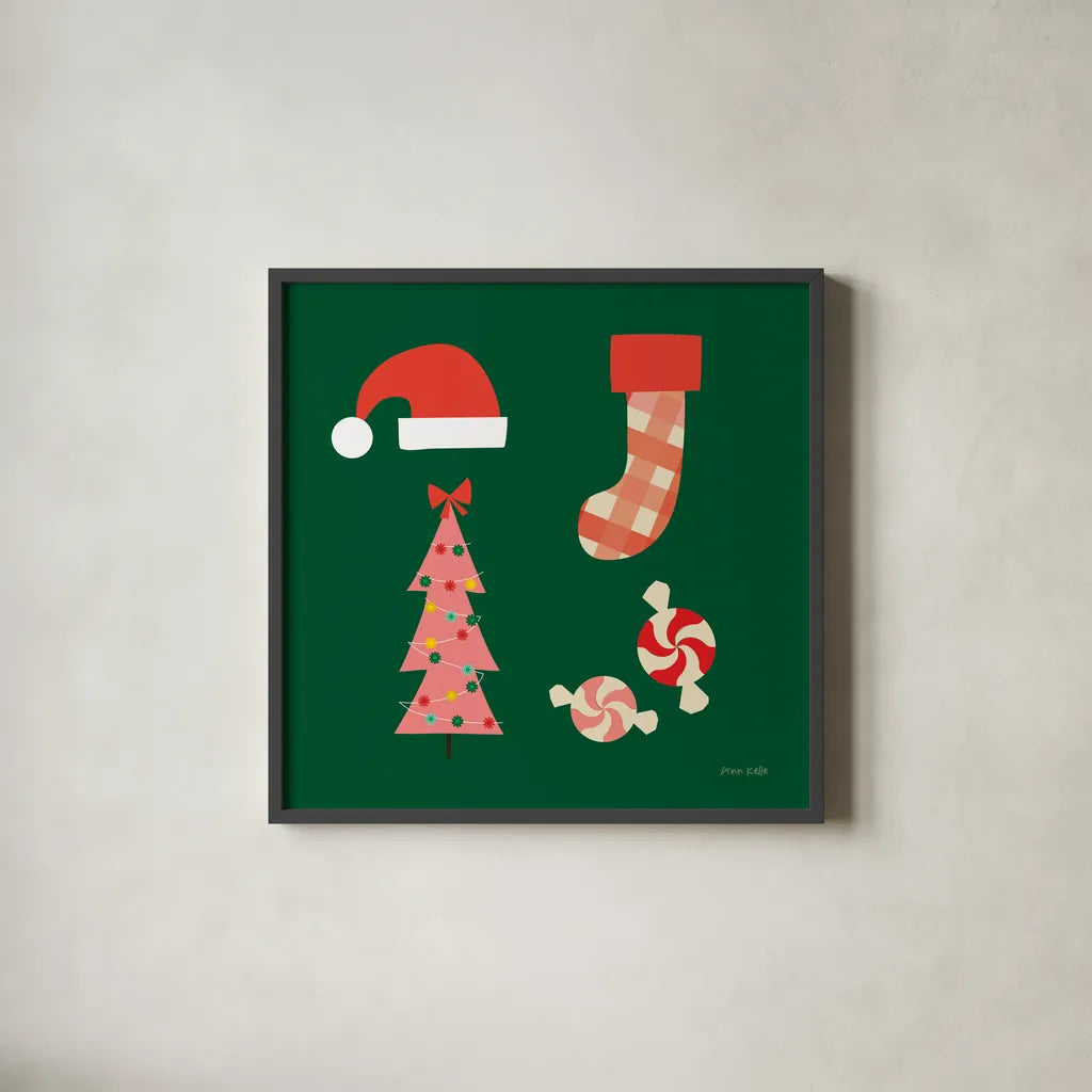 Festive v2 by Ann Kelle. Shown in a sleek black glass frame for a contemporary gallery look. Available as an archival giclee rolled canvas, fine art paper, or poster print. SKU 101685a.