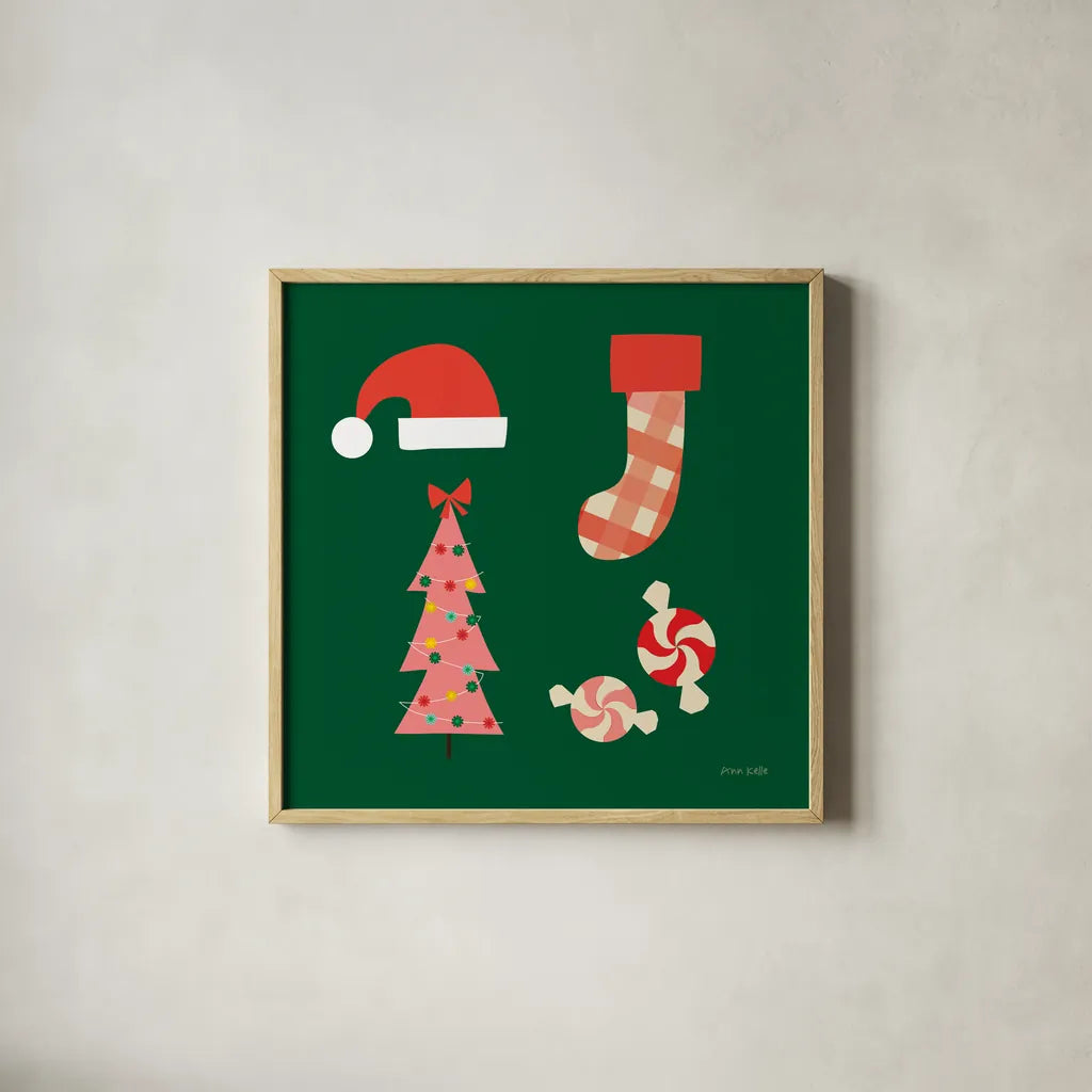 Festive v2 by Ann Kelle. Shown in a natural wood glass frame for a timeless modern aesthetic. Available as an archival giclee rolled canvas, fine art paper, or poster print. SKU 101685a.