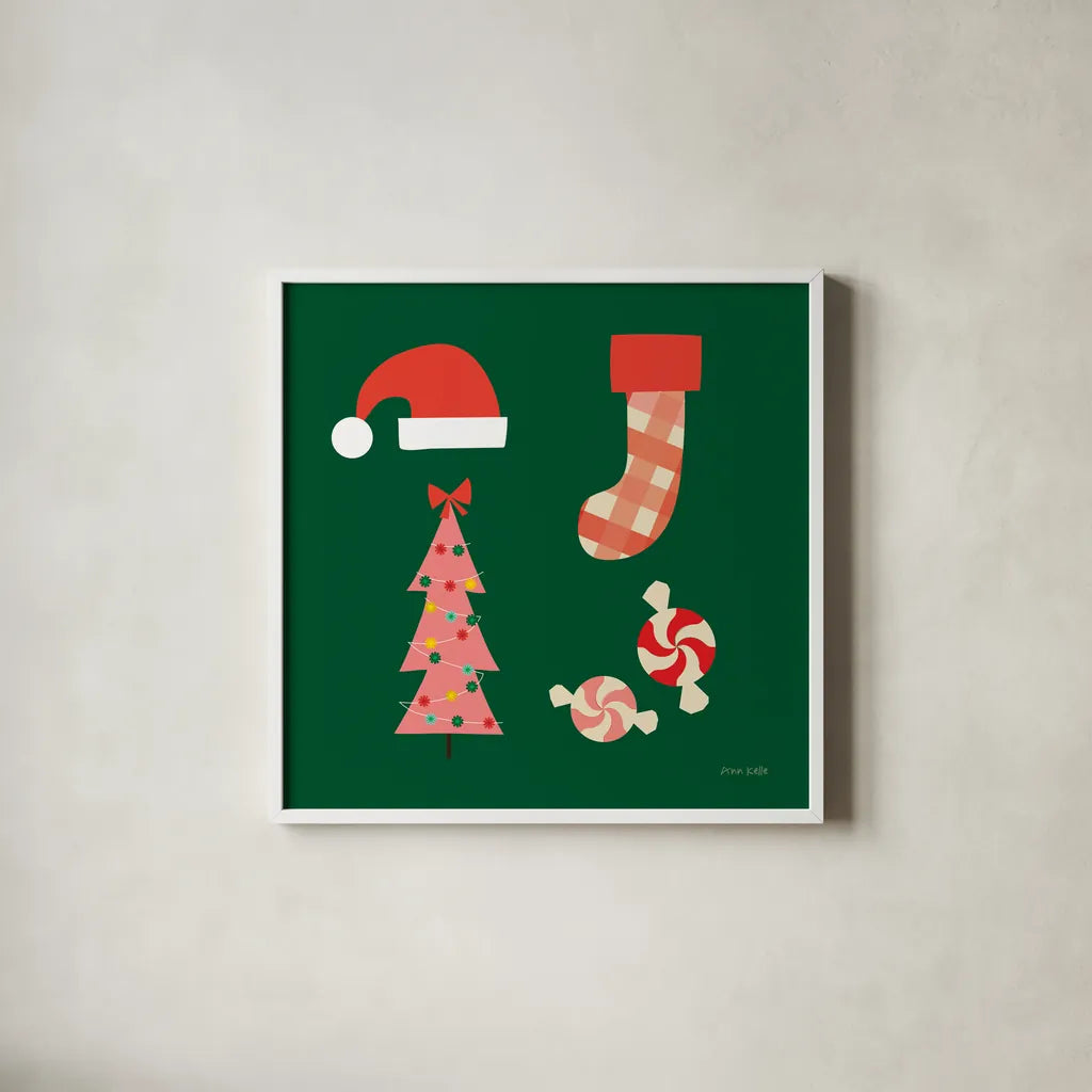 Festive v2 by Ann Kelle. Shown in a crisp white glass frame for a clean and minimalist style. Available as an archival giclee rolled canvas, fine art paper, or poster print. SKU 101685a.