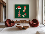 Festive v2 by Ann Kelle. Shown as extra-large giant wall art in a modern living room. Available as an archival giclee rolled canvas, fine art paper, or poster print. SKU 101685a.