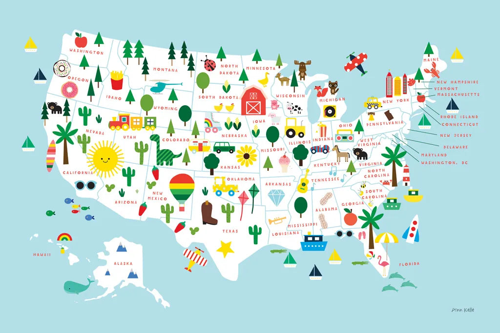 Fun USA Map by Ann Kelle. SKU 62580i. Archival Giclee Fine art print for wall decor.
