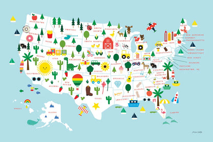 Fun USA Map by Ann Kelle. SKU 62580i. Archival Giclee Fine art print for wall decor.