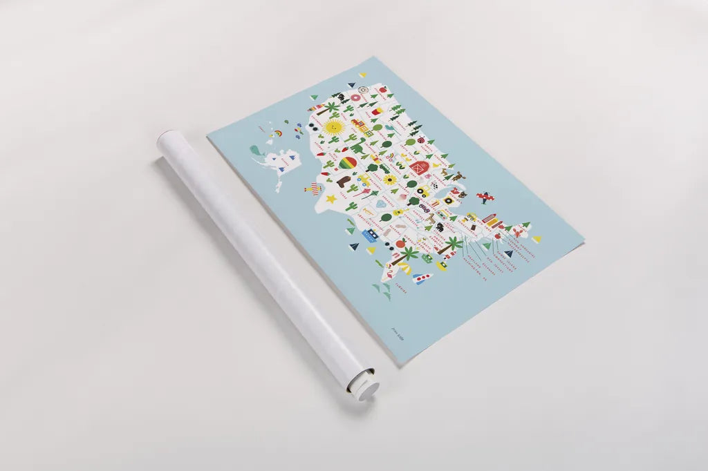 Fun USA Map by Ann Kelle. shown as a rolled paper print. Available as archival giclee rolled canvas, fine art paper, or poster print. SKU 62580i.