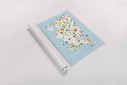 Fun USA Map by Ann Kelle. shown as a rolled paper print. Available as archival giclee rolled canvas, fine art paper, or poster print. SKU 62580i.