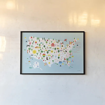 Fun USA Map by Ann Kelle. shown as a paper print in a black flame. Available as a archival giclee rolled canvas, fine art paper, or poster print. SKU 62580i.