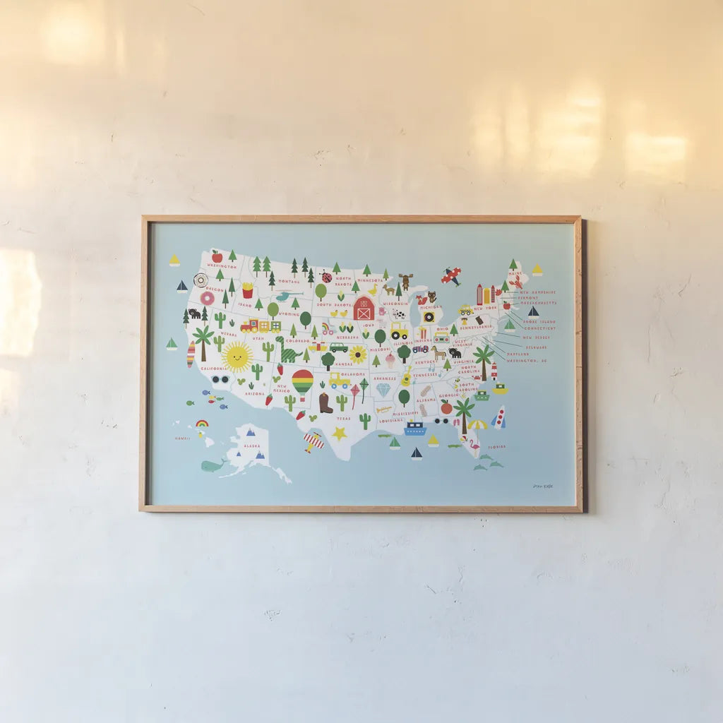 Fun USA Map by Ann Kelle. shown as a paper print in a natural frame. Available as a archival giclee rolled canvas, fine art paper, or poster print. SKU 62580i.