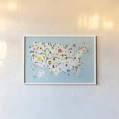 Fun USA Map by Ann Kelle. shown as a paper print in a white frame. Available as a archival giclee rolled canvas, fine art paper, or poster print. SKU 62580i.