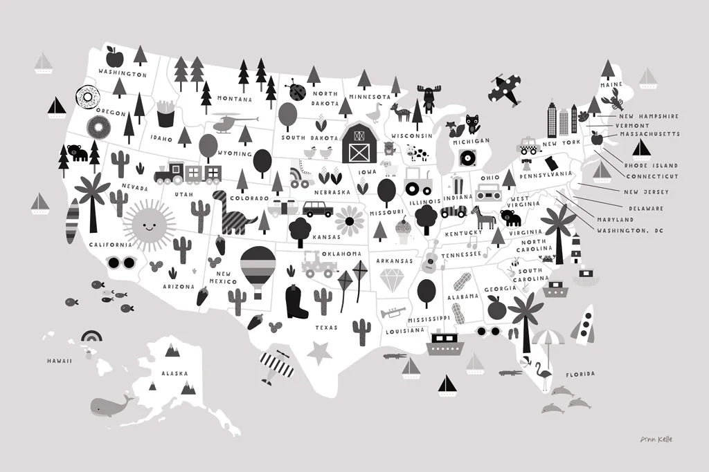 Fun USA Map BW by Ann Kelle. SKU 66281i. Archival Giclee Fine art print for wall decor.