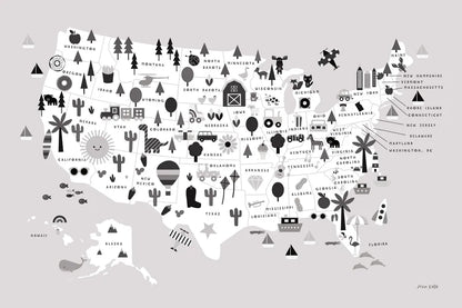 Fun USA Map BW by Ann Kelle. SKU 66281i. Archival Giclee Fine art print for wall decor.