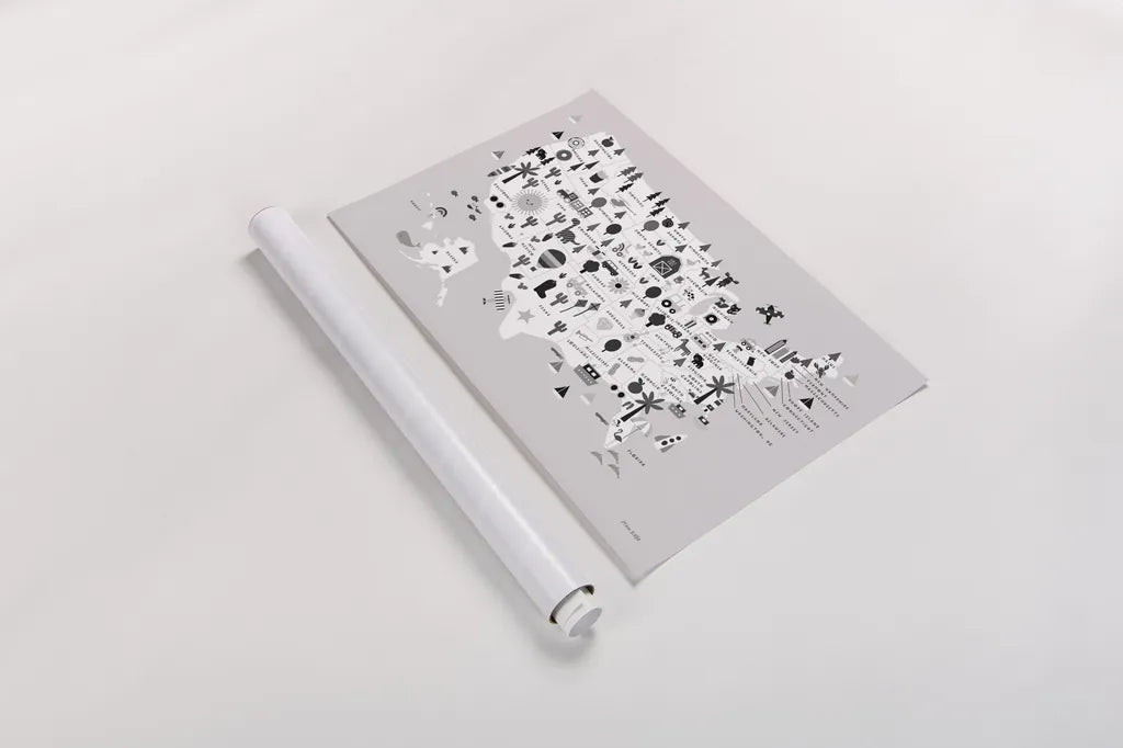 Fun USA Map BW by Ann Kelle. shown as a rolled paper print. Available as archival giclee rolled canvas, fine art paper, or poster print. SKU 66281i.