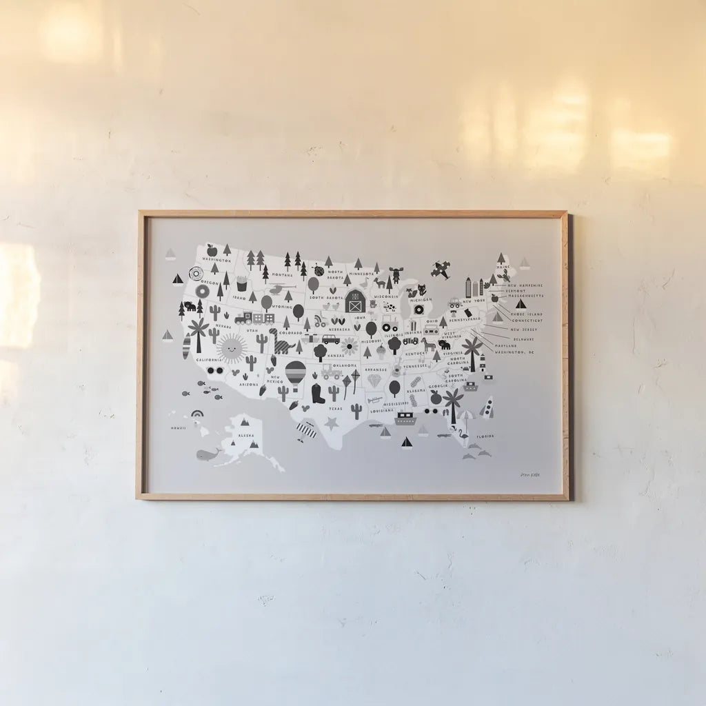 Fun USA Map BW by Ann Kelle. shown as a paper print in a natural frame. Available as a archival giclee rolled canvas, fine art paper, or poster print. SKU 66281i.