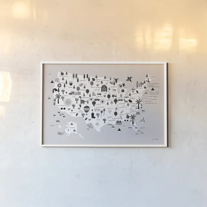 Fun USA Map BW by Ann Kelle. shown as a paper print in a white frame. Available as a archival giclee rolled canvas, fine art paper, or poster print. SKU 66281i.