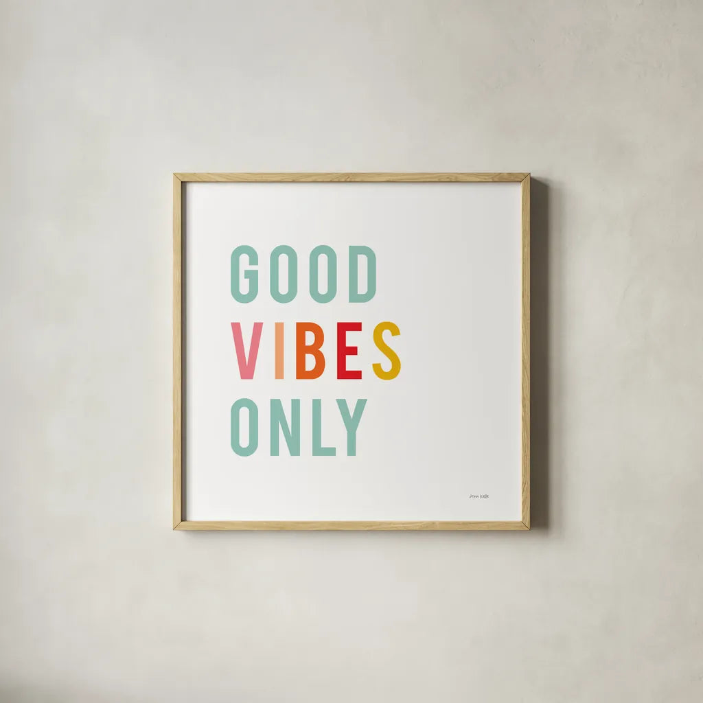 Good Vibes Only Pastel by Ann Kelle. Shown in a natural wood glass frame for a timeless modern aesthetic. Available as an archival giclee rolled canvas, fine art paper, or poster print. SKU 67896a.