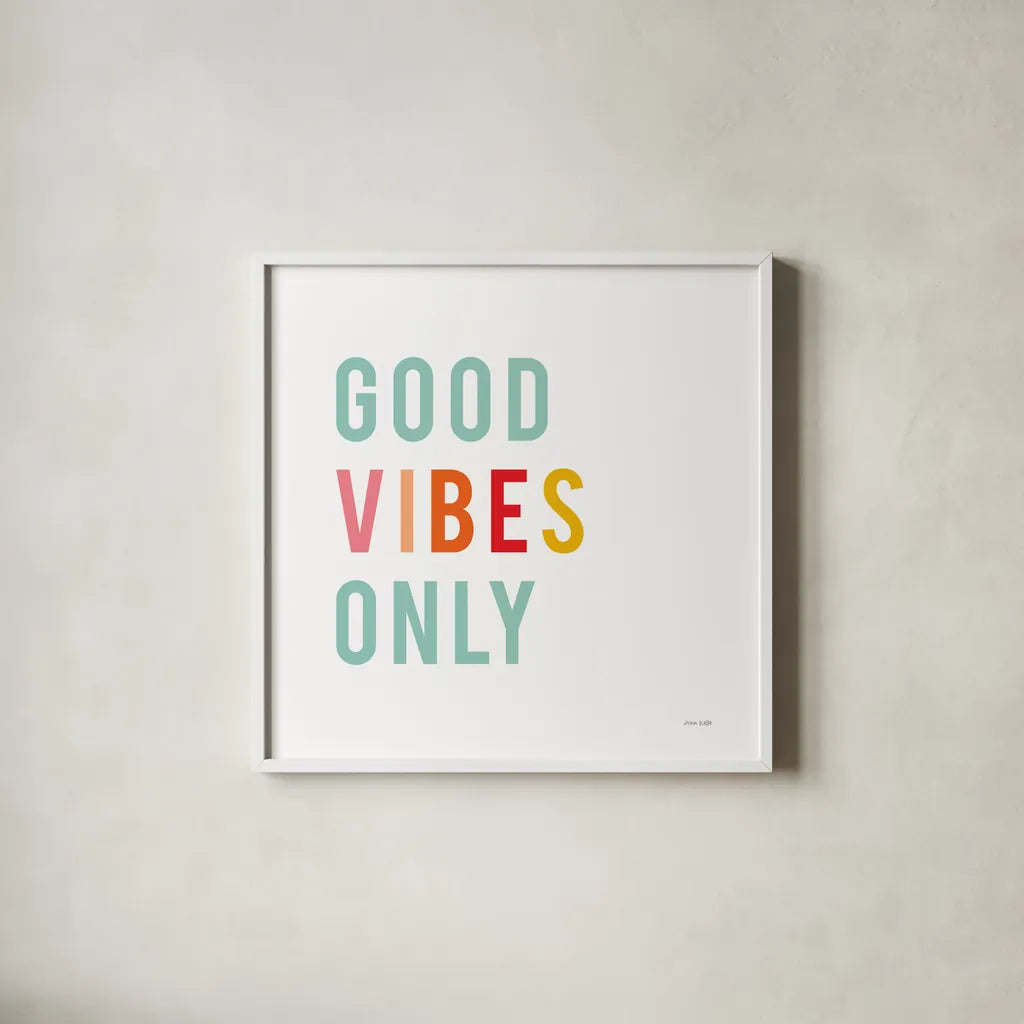 Good Vibes Only Pastel by Ann Kelle. Shown in a crisp white glass frame for a clean and minimalist style. Available as an archival giclee rolled canvas, fine art paper, or poster print. SKU 67896a.