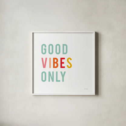 Good Vibes Only Pastel by Ann Kelle. Shown in a crisp white glass frame for a clean and minimalist style. Available as an archival giclee rolled canvas, fine art paper, or poster print. SKU 67896a.