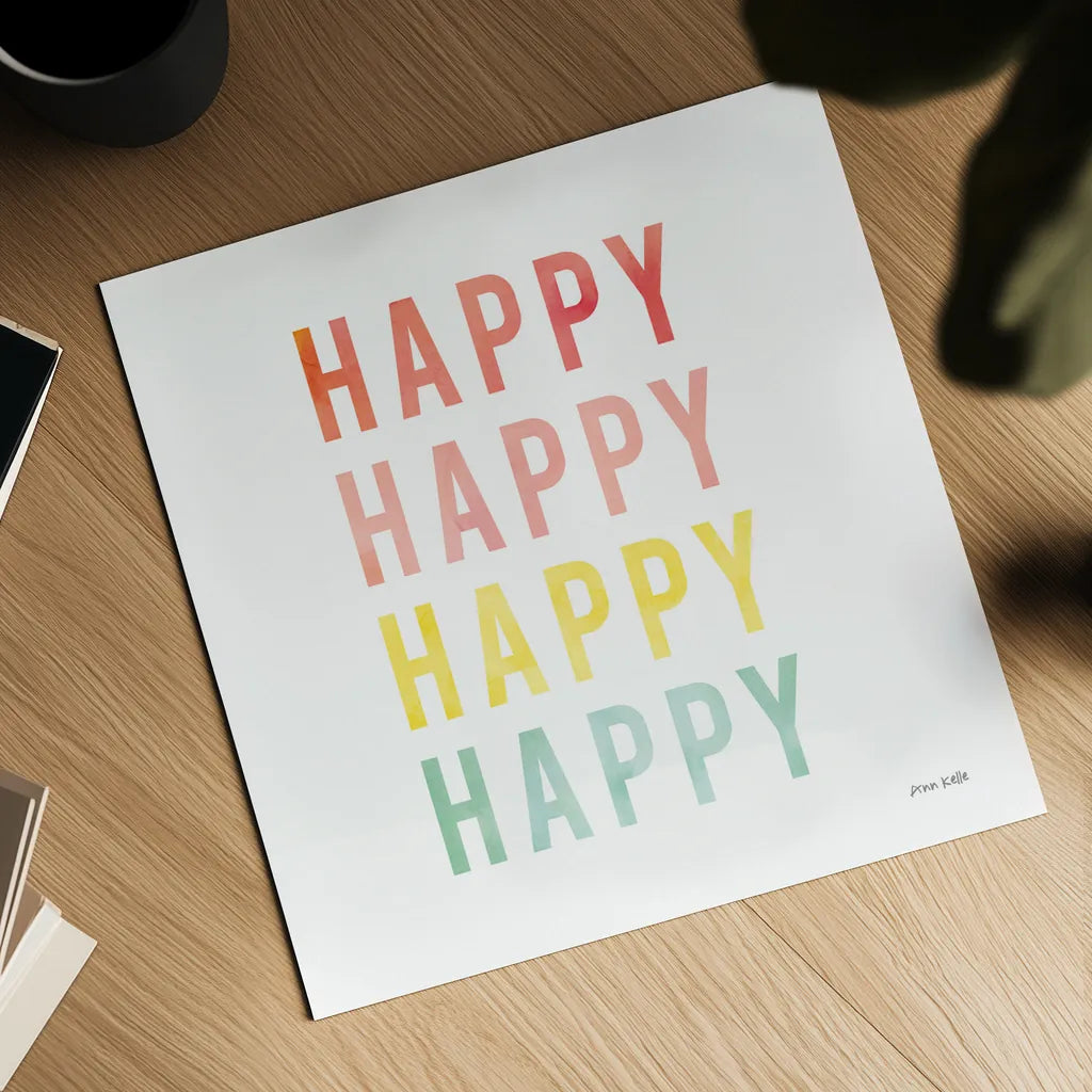 Happy Happy by Ann Kelle. Shown as a detailed flat fine art print, highlighting archival giclee quality. Available as an archival giclee rolled canvas, fine art paper, or poster print. SKU 55606a.