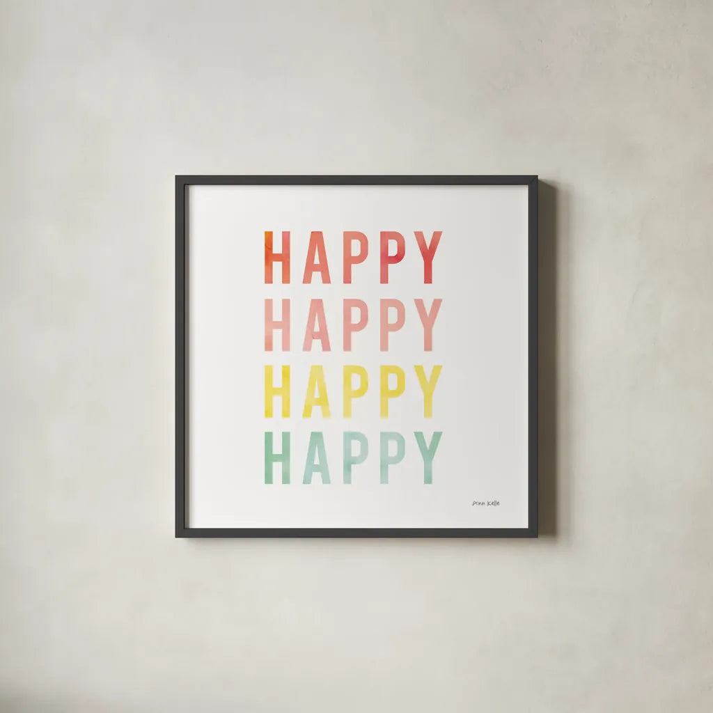 Happy Happy by Ann Kelle. Shown in a sleek black glass frame for a contemporary gallery look. Available as an archival giclee rolled canvas, fine art paper, or poster print. SKU 55606a.