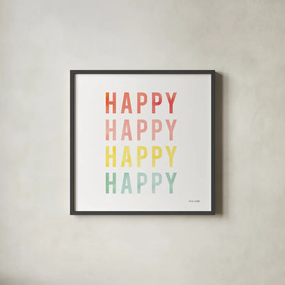 Happy Happy by Ann Kelle. Shown in a sleek black glass frame for a contemporary gallery look. Available as an archival giclee rolled canvas, fine art paper, or poster print. SKU 55606a.
