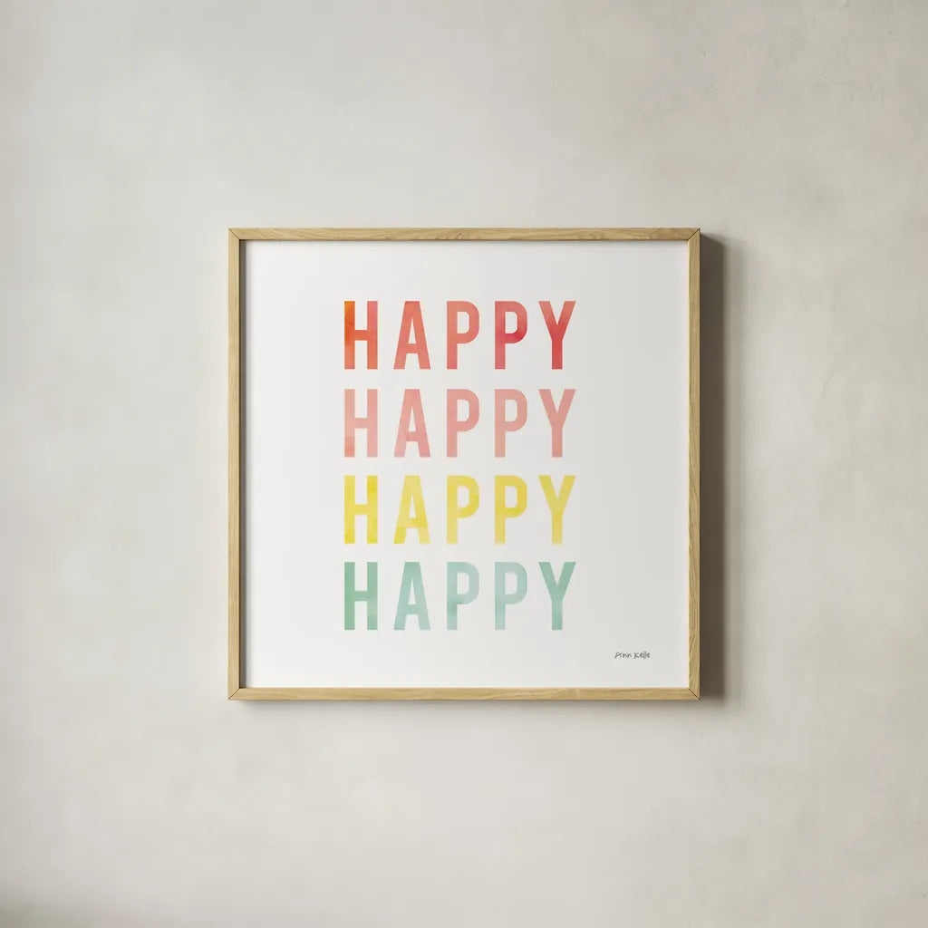 Happy Happy by Ann Kelle. Shown in a natural wood glass frame for a timeless modern aesthetic. Available as an archival giclee rolled canvas, fine art paper, or poster print. SKU 55606a.