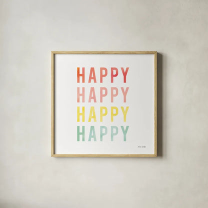 Happy Happy by Ann Kelle. Shown in a natural wood glass frame for a timeless modern aesthetic. Available as an archival giclee rolled canvas, fine art paper, or poster print. SKU 55606a.