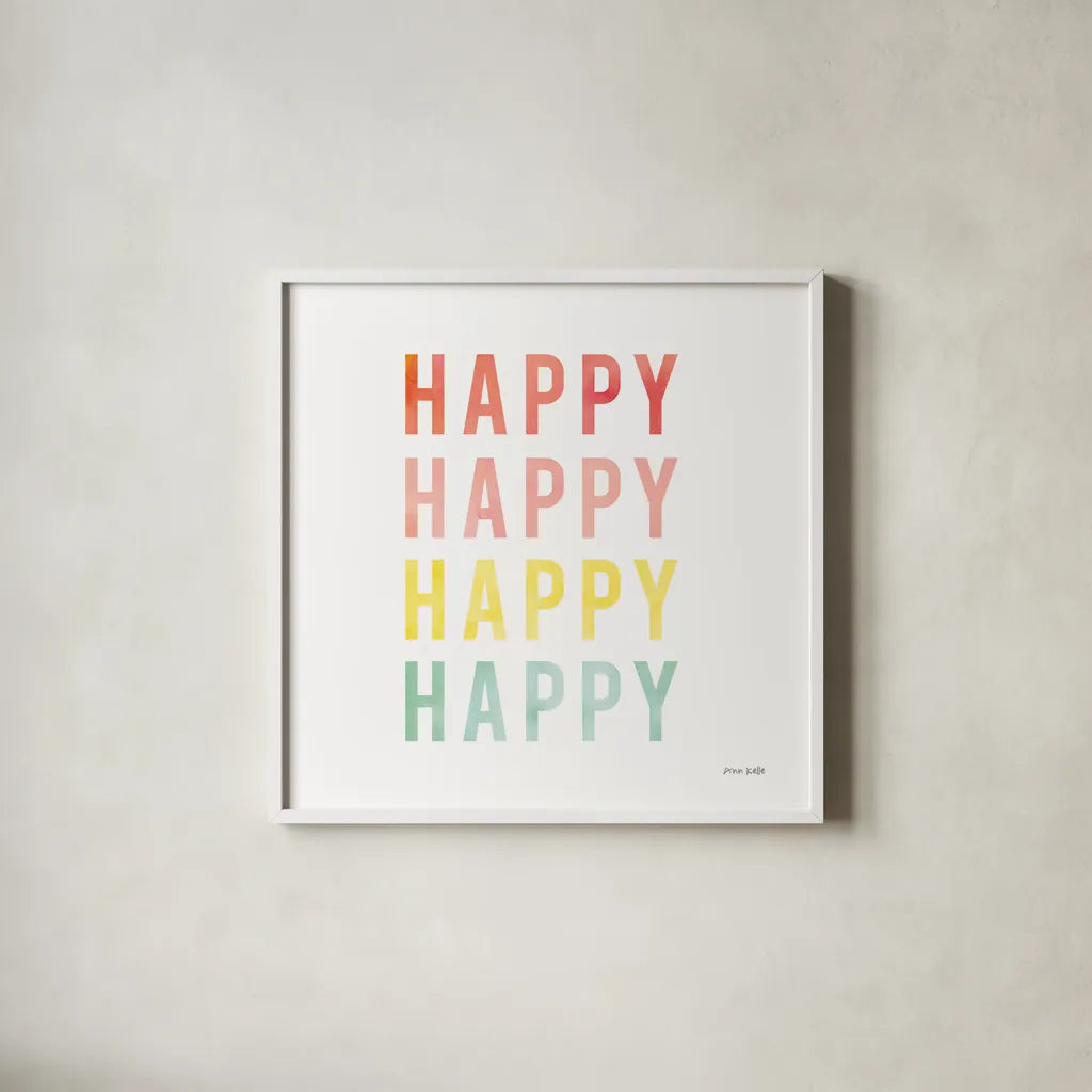 Happy Happy by Ann Kelle. Shown in a crisp white glass frame for a clean and minimalist style. Available as an archival giclee rolled canvas, fine art paper, or poster print. SKU 55606a.