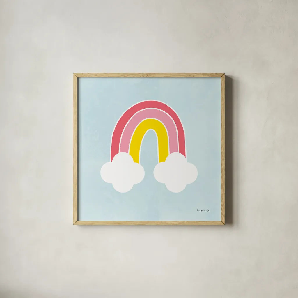 Her Rainbow by Ann Kelle. Shown in a natural wood glass frame for a timeless modern aesthetic. Available as an archival giclee rolled canvas, fine art paper, or poster print. SKU 56494a.