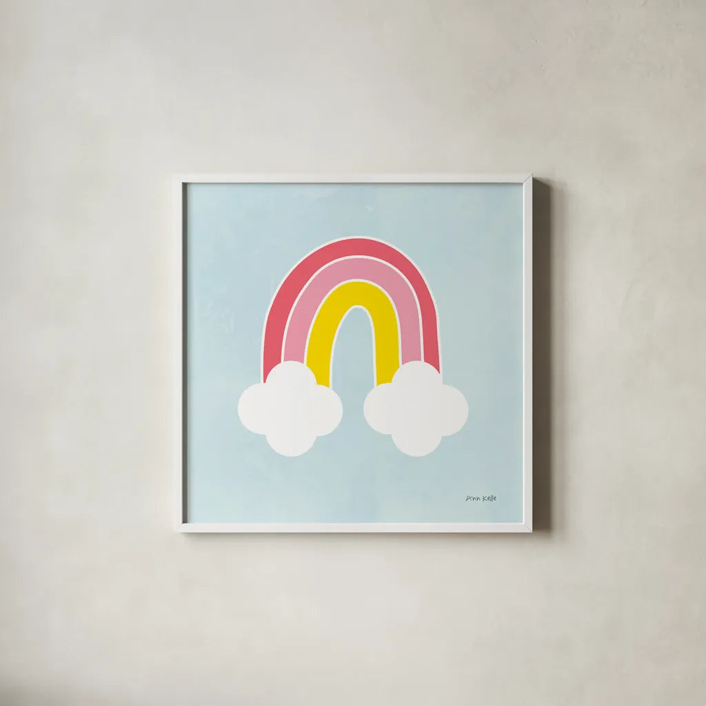Her Rainbow by Ann Kelle. Shown in a crisp white glass frame for a clean and minimalist style. Available as an archival giclee rolled canvas, fine art paper, or poster print. SKU 56494a.