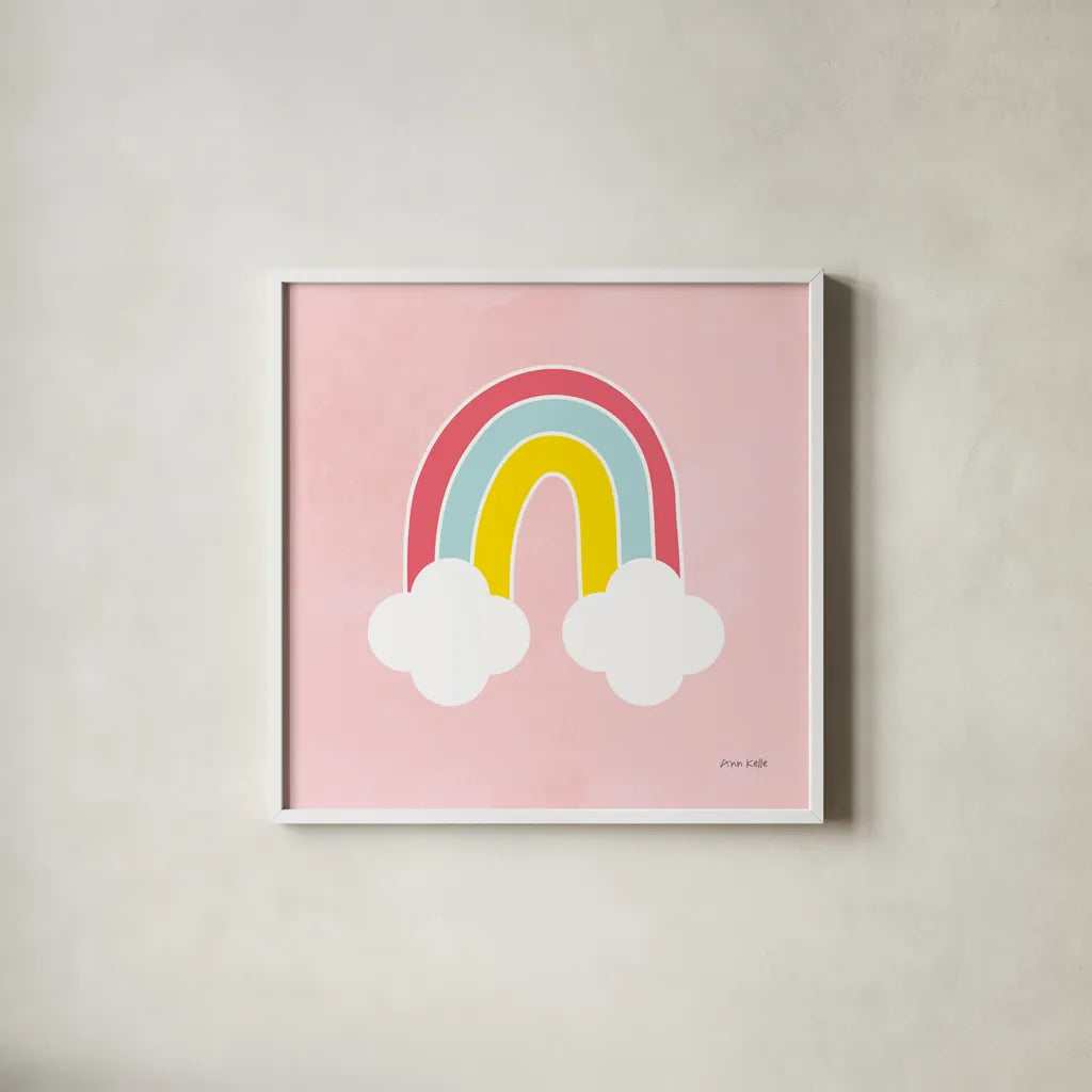 His Rainbow by Ann Kelle. Shown in a crisp white glass frame for a clean and minimalist style. Available as an archival giclee rolled canvas, fine art paper, or poster print. SKU 56495a.