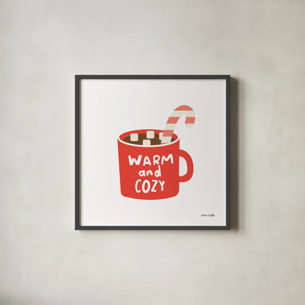 Hot Cocoa Mug by Ann Kelle. Shown in a sleek black glass frame for a contemporary gallery look. Available as an archival giclee rolled canvas, fine art paper, or poster print. SKU 81232a.