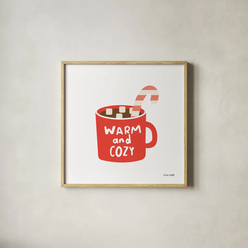 Hot Cocoa Mug by Ann Kelle. Shown in a natural wood glass frame for a timeless modern aesthetic. Available as an archival giclee rolled canvas, fine art paper, or poster print. SKU 81232a.