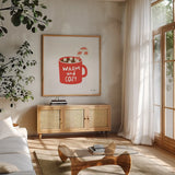 Hot Cocoa Mug by Ann Kelle. Shown in a natural wood frame in a cozy modern living room. Available as an archival giclee rolled canvas, fine art paper, or poster print. SKU 81232a.