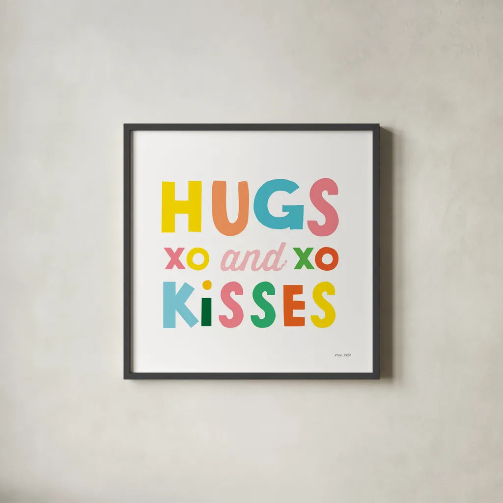 Hugs and Kisses by Ann Kelle. Shown in a sleek black glass frame for a contemporary gallery look. Available as an archival giclee rolled canvas, fine art paper, or poster print. SKU 55600a.
