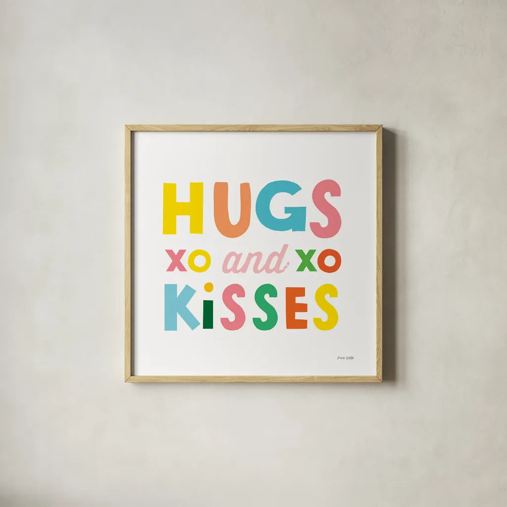 Hugs and Kisses by Ann Kelle. Shown in a natural wood glass frame for a timeless modern aesthetic. Available as an archival giclee rolled canvas, fine art paper, or poster print. SKU 55600a.