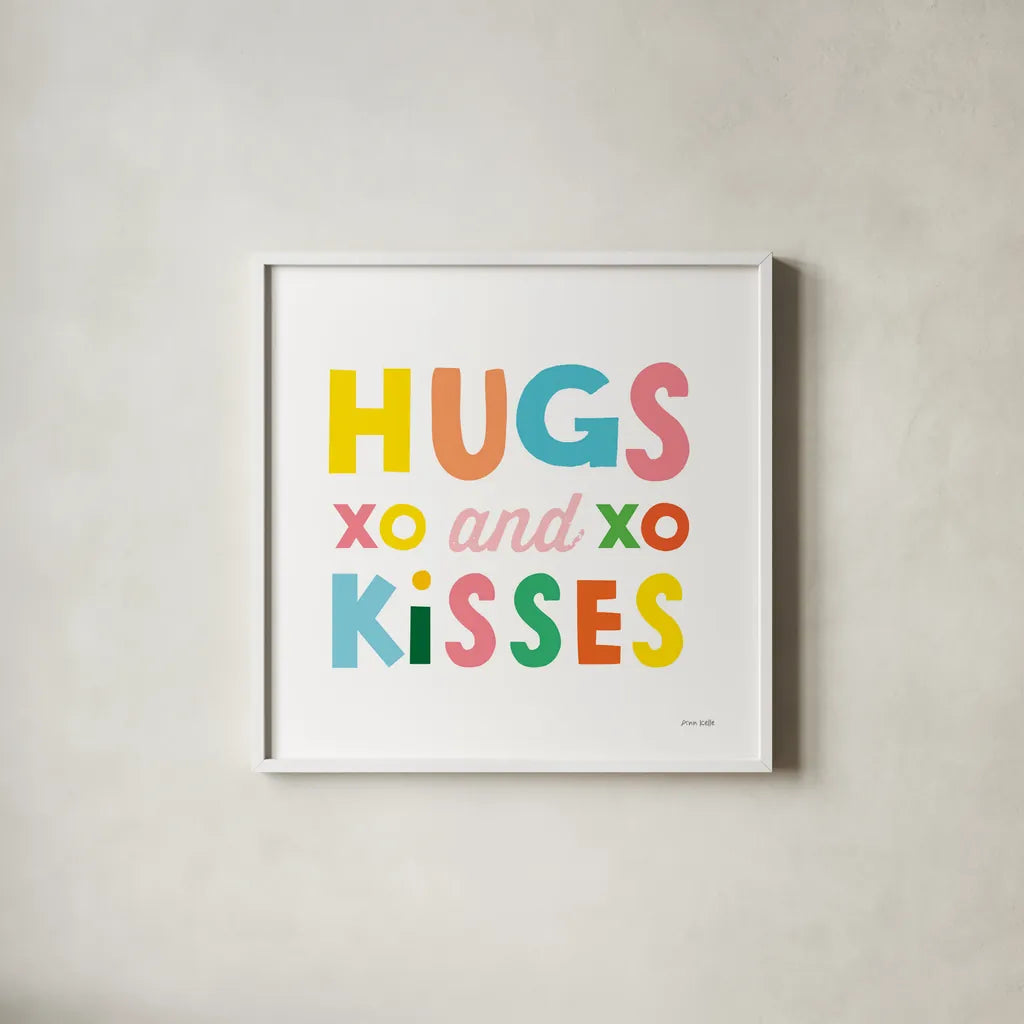 Hugs and Kisses by Ann Kelle. Shown in a crisp white glass frame for a clean and minimalist style. Available as an archival giclee rolled canvas, fine art paper, or poster print. SKU 55600a.