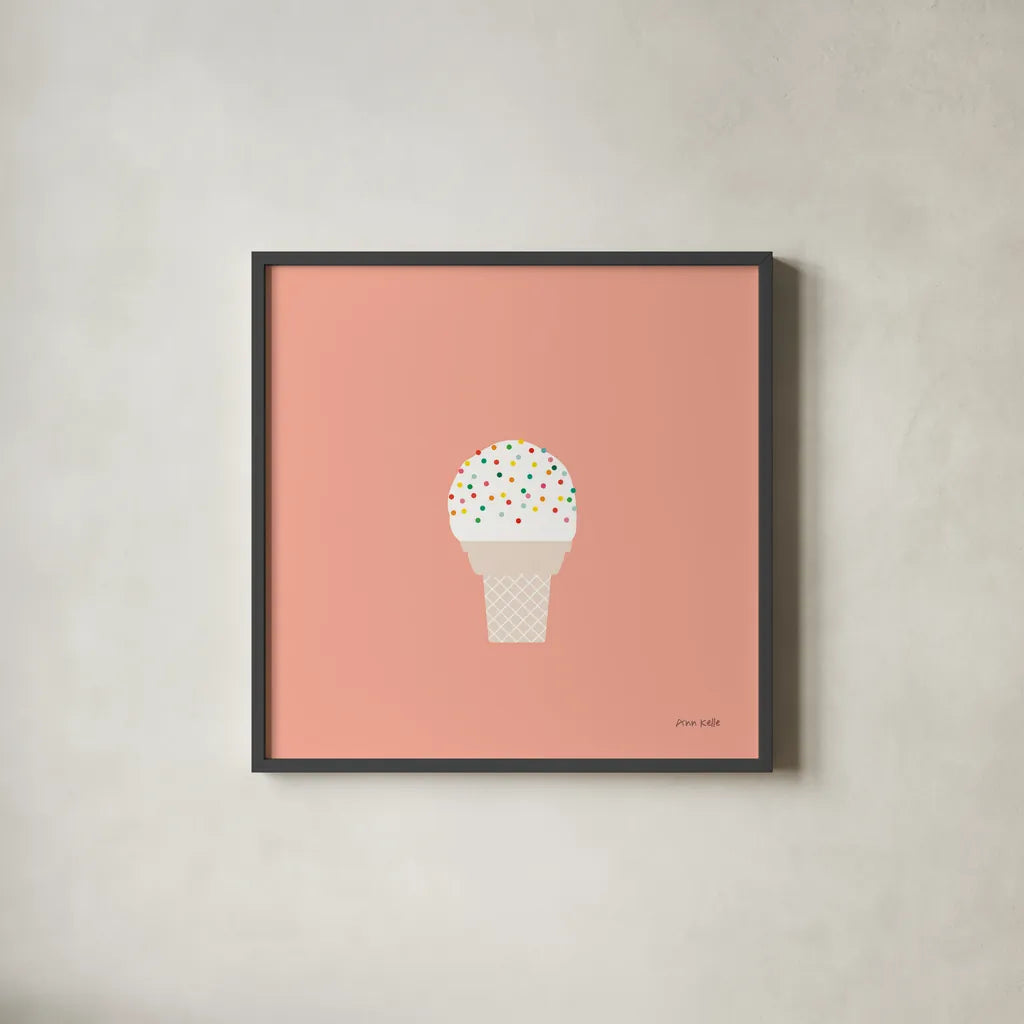Ice Cream Cone I by Ann Kelle. Shown in a sleek black glass frame for a contemporary gallery look. Available as an archival giclee rolled canvas, fine art paper, or poster print. SKU 56434a.