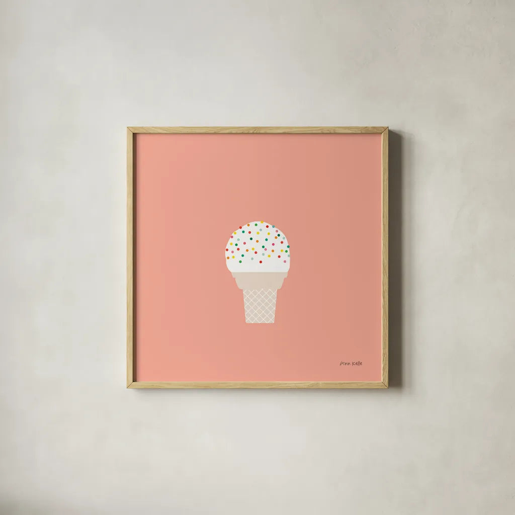 Ice Cream Cone I by Ann Kelle. Shown in a natural wood glass frame for a timeless modern aesthetic. Available as an archival giclee rolled canvas, fine art paper, or poster print. SKU 56434a.