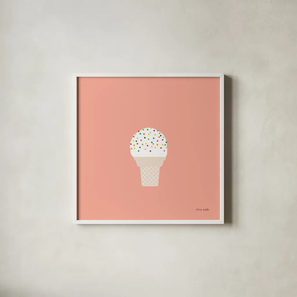Ice Cream Cone I by Ann Kelle. Shown in a crisp white glass frame for a clean and minimalist style. Available as an archival giclee rolled canvas, fine art paper, or poster print. SKU 56434a.