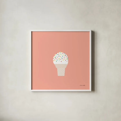 Ice Cream Cone I by Ann Kelle. Shown in a crisp white glass frame for a clean and minimalist style. Available as an archival giclee rolled canvas, fine art paper, or poster print. SKU 56434a.