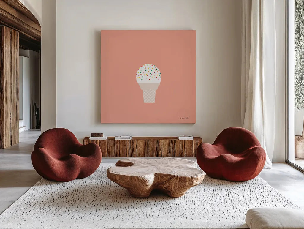 Ice Cream Cone I by Ann Kelle. Shown as extra-large giant wall art in a modern living room. Available as an archival giclee rolled canvas, fine art paper, or poster print. SKU 56434a.