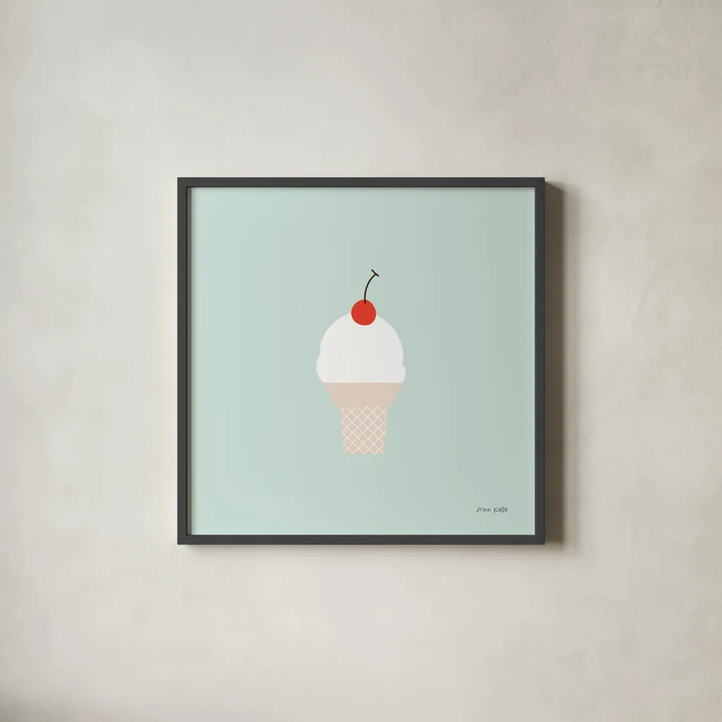 Ice Cream Cone II by Ann Kelle. Shown in a sleek black glass frame for a contemporary gallery look. Available as an archival giclee rolled canvas, fine art paper, or poster print. SKU 56435a.