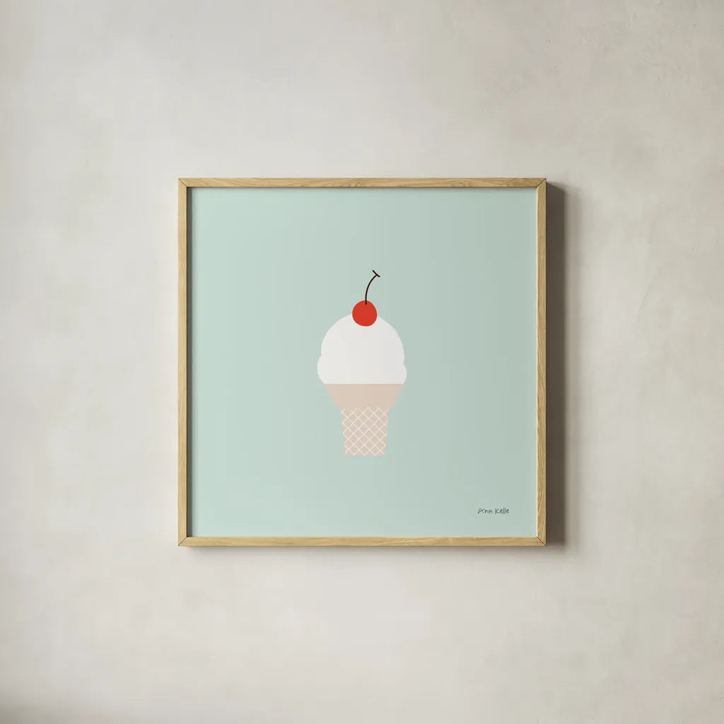 Ice Cream Cone II by Ann Kelle. Shown in a natural wood glass frame for a timeless modern aesthetic. Available as an archival giclee rolled canvas, fine art paper, or poster print. SKU 56435a.
