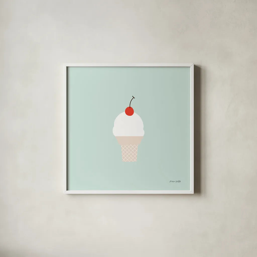 Ice Cream Cone II by Ann Kelle. Shown in a crisp white glass frame for a clean and minimalist style. Available as an archival giclee rolled canvas, fine art paper, or poster print. SKU 56435a.