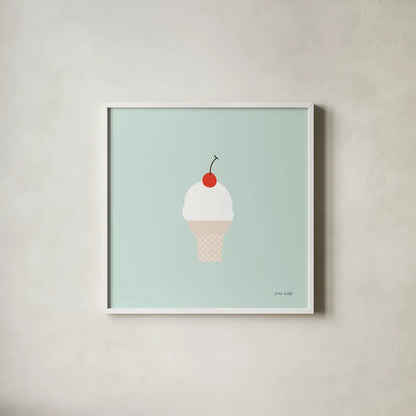 Ice Cream Cone II by Ann Kelle. Shown in a crisp white glass frame for a clean and minimalist style. Available as an archival giclee rolled canvas, fine art paper, or poster print. SKU 56435a.