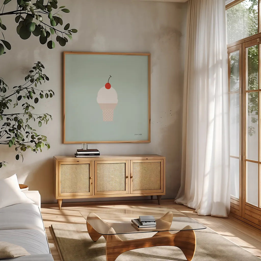 Ice Cream Cone II by Ann Kelle. Shown in a natural wood frame in a cozy modern living room. Available as an archival giclee rolled canvas, fine art paper, or poster print. SKU 56435a.