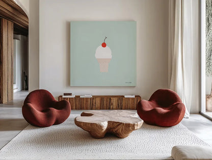 Ice Cream Cone II by Ann Kelle. Shown as extra-large giant wall art in a modern living room. Available as an archival giclee rolled canvas, fine art paper, or poster print. SKU 56435a.