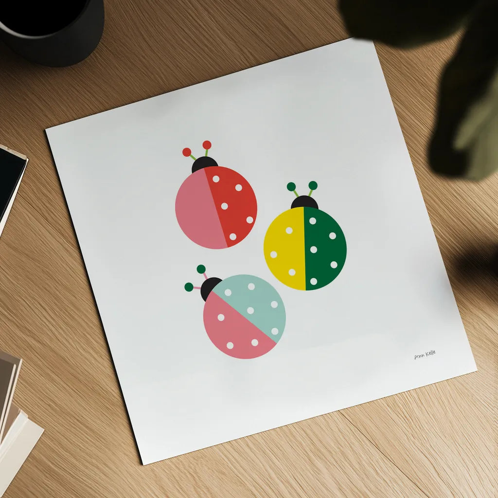 Ladybugs Three by Ann Kelle. Shown as a detailed flat fine art print, highlighting archival giclee quality. Available as an archival giclee rolled canvas, fine art paper, or poster print. SKU 55586a.