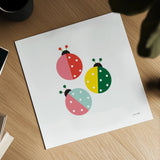 Ladybugs Three by Ann Kelle. Shown as a detailed flat fine art print, highlighting archival giclee quality. Available as an archival giclee rolled canvas, fine art paper, or poster print. SKU 55586a.