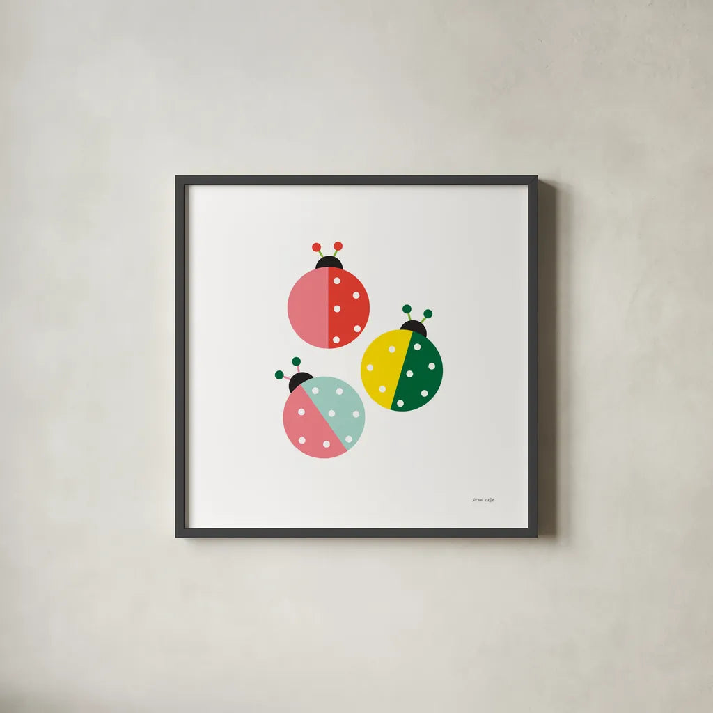 Ladybugs Three by Ann Kelle. Shown in a sleek black glass frame for a contemporary gallery look. Available as an archival giclee rolled canvas, fine art paper, or poster print. SKU 55586a.