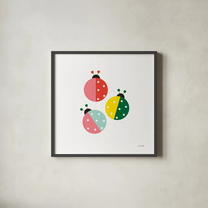Ladybugs Three by Ann Kelle. Shown in a sleek black glass frame for a contemporary gallery look. Available as an archival giclee rolled canvas, fine art paper, or poster print. SKU 55586a.