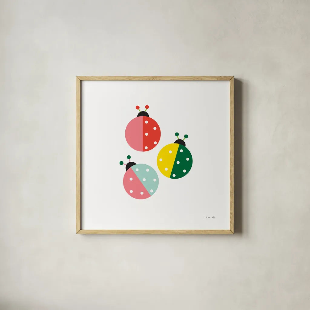 Ladybugs Three by Ann Kelle. Shown in a natural wood glass frame for a timeless modern aesthetic. Available as an archival giclee rolled canvas, fine art paper, or poster print. SKU 55586a.